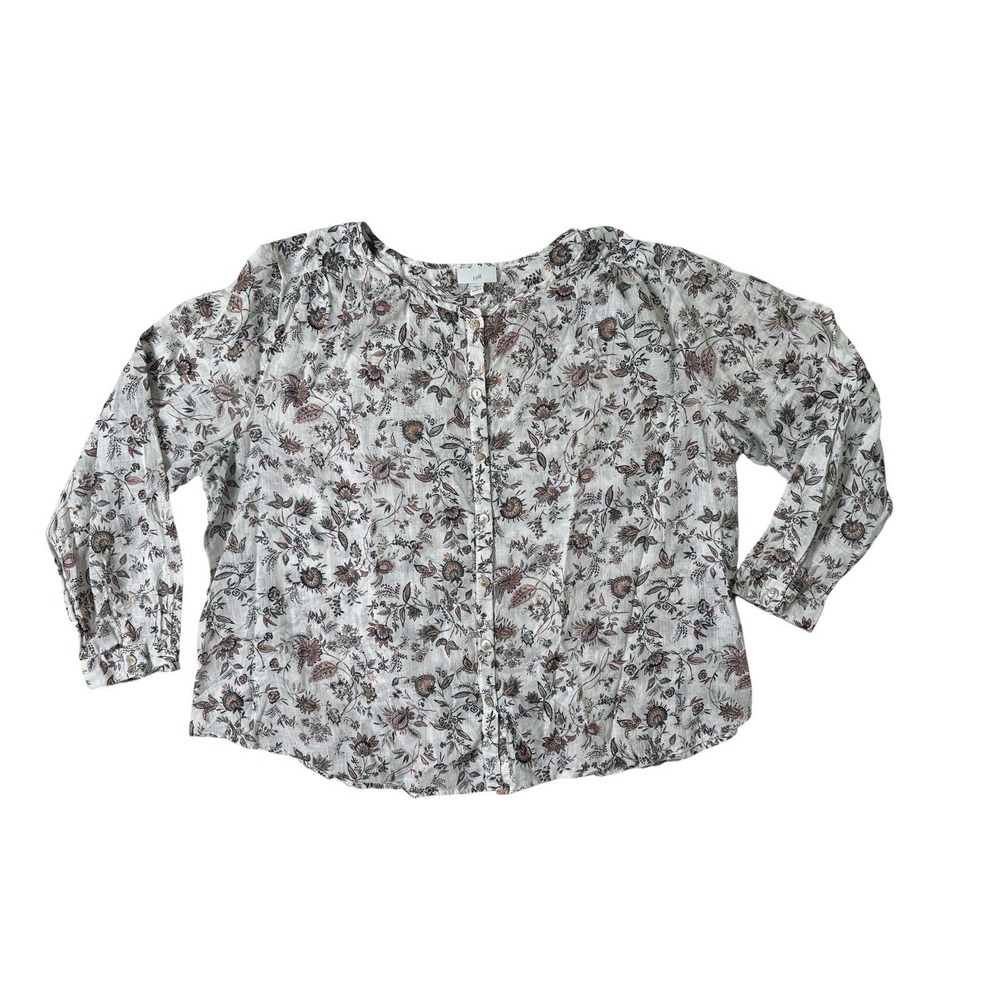 J Jill Shirt Women plus 2X White Floral Flowy Boxy Collared Button Front Prairie - Picture 2 of 16